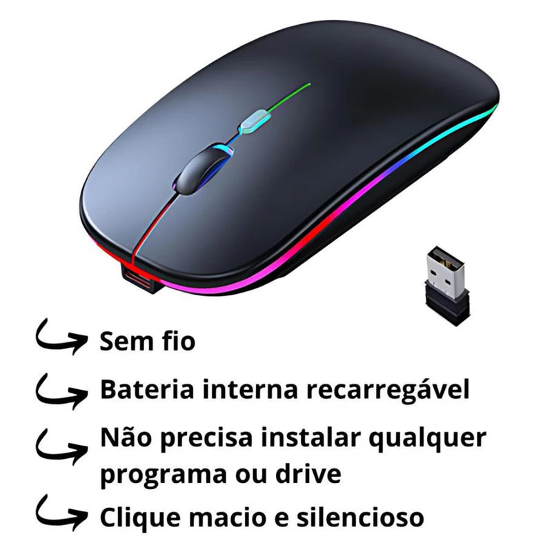 Mouse Wireless Recarregável LED RGB 2.4GHz – Desempenho, Estilo e Praticidade! 🖱️🌈