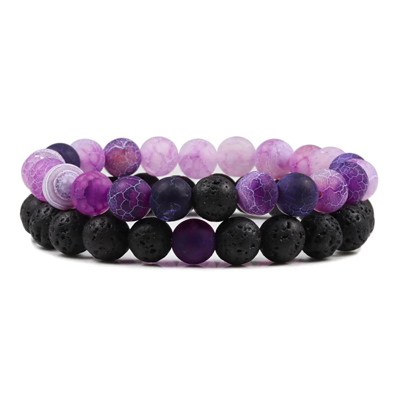 Conjunto Pulseira Casais Distância Preto Branco Pedra de Lava Natural Olho de Tigre Pulseiras de Yoga com Contas para Homens Mulheres Corda Elástica Jóias