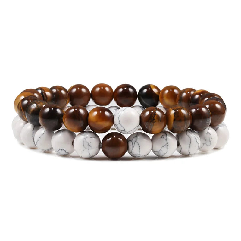 Conjunto Pulseira Casais Distância Preto Branco Pedra de Lava Natural Olho de Tigre Pulseiras de Yoga com Contas para Homens Mulheres Corda Elástica Jóias