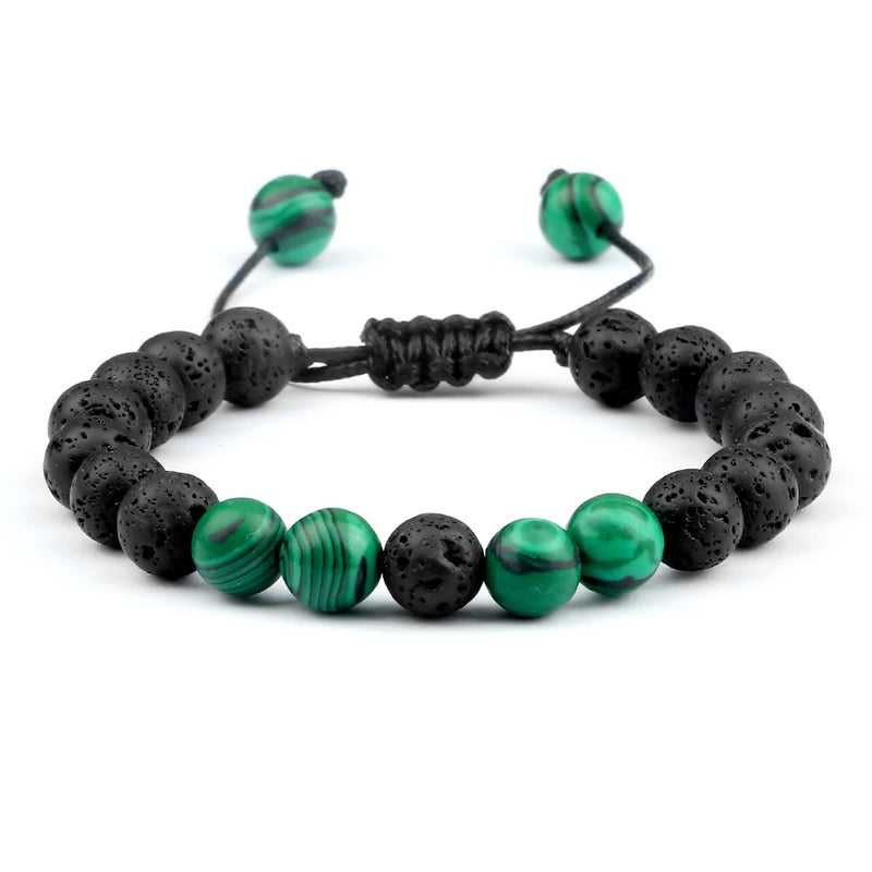 Pulseiras masculinas de 8 mm, pulseira de contas de lava preta, olho de tigre, corda trançada ajustável