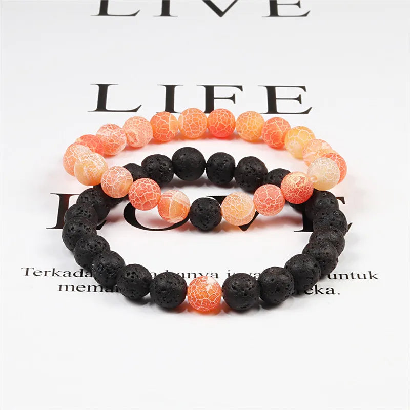 Conjunto Pulseira Casais Distância Preto Branco Pedra de Lava Natural Olho de Tigre Pulseiras de Yoga com Contas para Homens Mulheres Corda Elástica Jóias