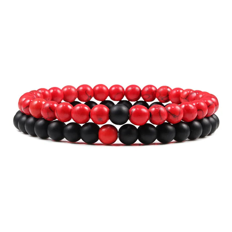 Conjunto Pulseira Casais Distância Preto Branco Pedra de Lava Natural Olho de Tigre Pulseiras de Yoga com Contas para Homens Mulheres Corda Elástica Jóias