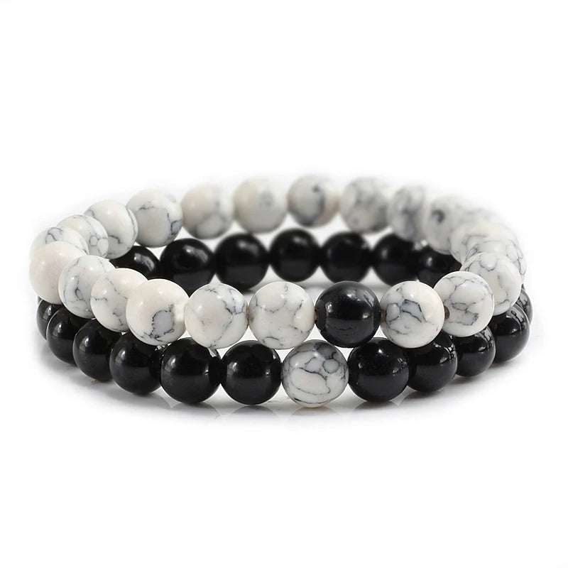 Conjunto Pulseira Casais Distância Preto Branco Pedra de Lava Natural Olho de Tigre Pulseiras de Yoga com Contas para Homens Mulheres Corda Elástica Jóias