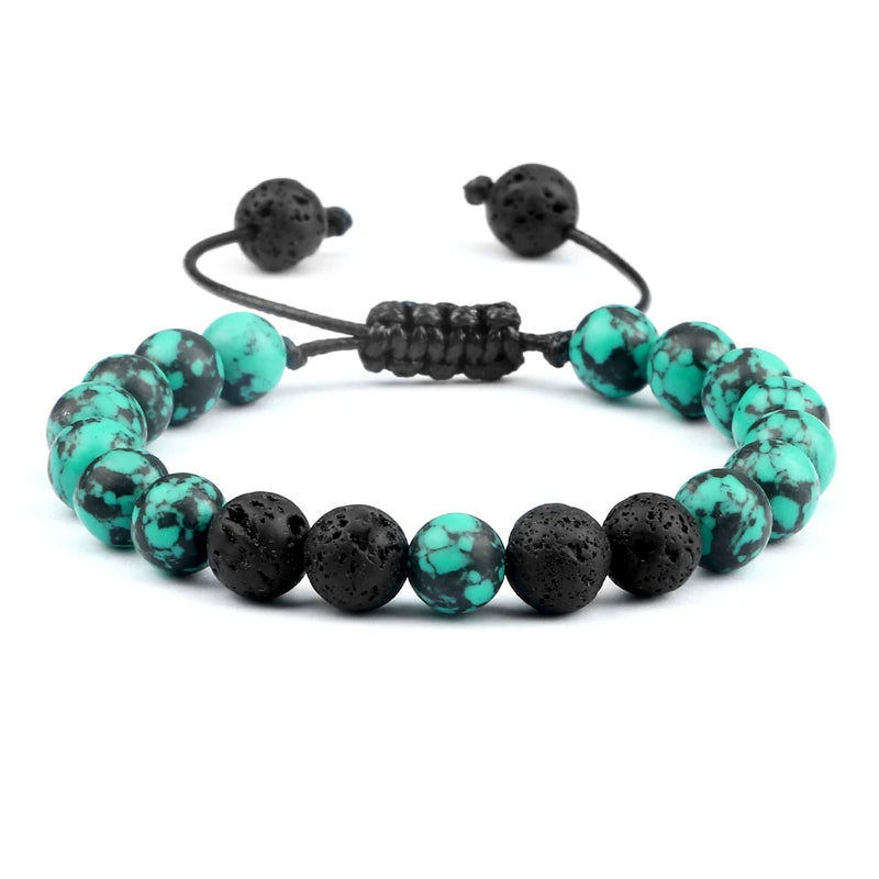 Pulseiras masculinas de 8 mm, pulseira de contas de lava preta, olho de tigre, corda trançada ajustável