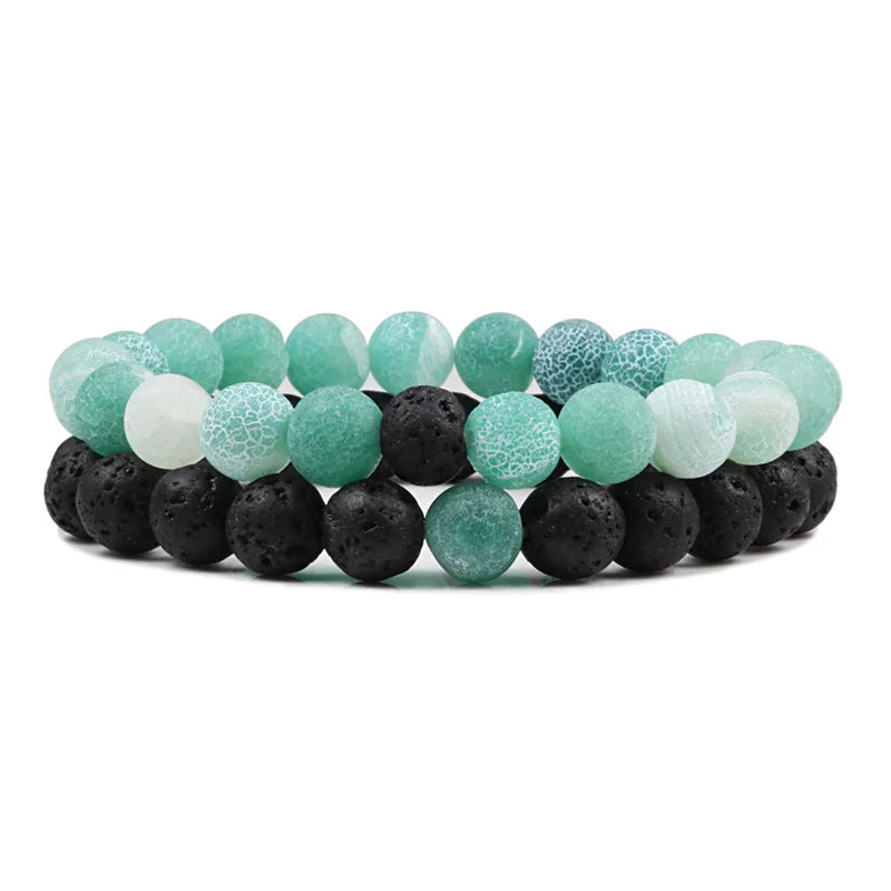 Conjunto Pulseira Casais Distância Preto Branco Pedra de Lava Natural Olho de Tigre Pulseiras de Yoga com Contas para Homens Mulheres Corda Elástica Jóias