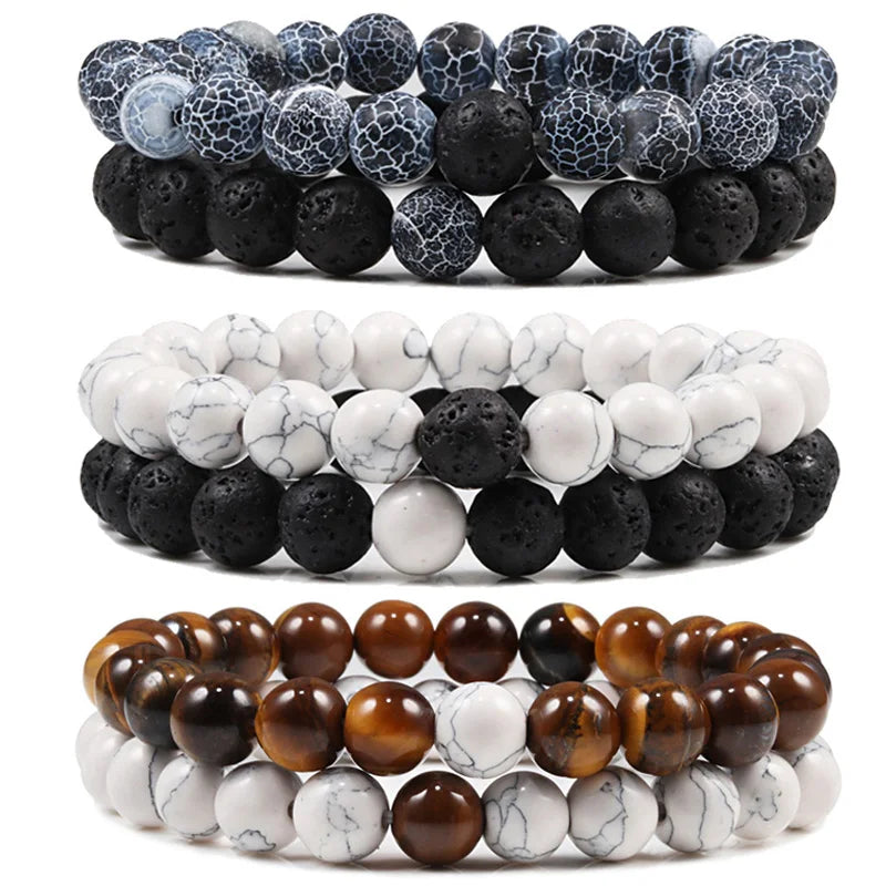 Conjunto Pulseira Casais Distância Preto Branco Pedra de Lava Natural Olho de Tigre Pulseiras de Yoga com Contas para Homens Mulheres Corda Elástica Jóias