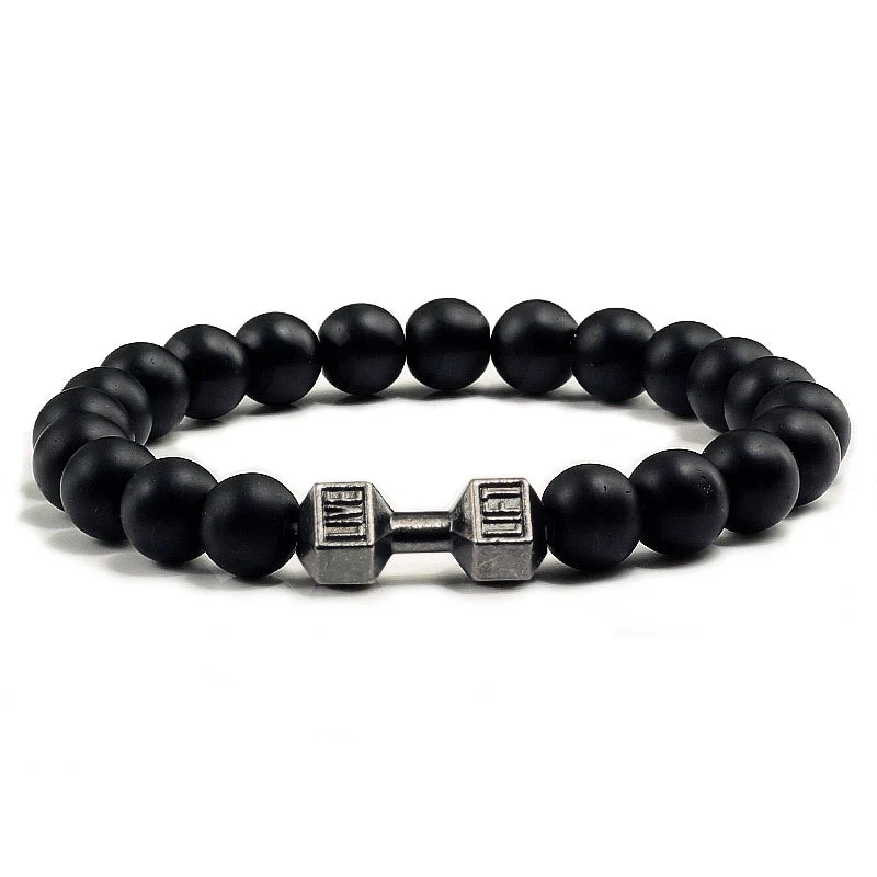 Pulseira de pedra vulcânica natural masculina, preto fosco, lavanda, contas brancas, pingente, haltere, cordão, pulseiras femininas, barra, fitness, joias