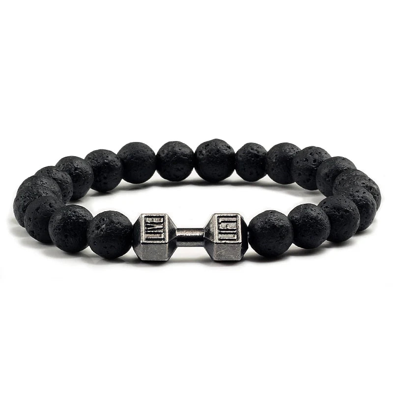 Pulseira de pedra vulcânica natural masculina, preto fosco, lavanda, contas brancas, pingente, haltere, cordão, pulseiras femininas, barra, fitness, joias