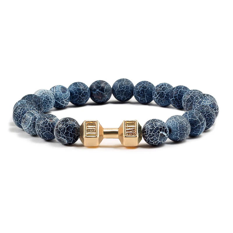 Pulseira de pedra vulcânica natural masculina, preto fosco, lavanda, contas brancas, pingente, haltere, cordão, pulseiras femininas, barra, fitness, joias