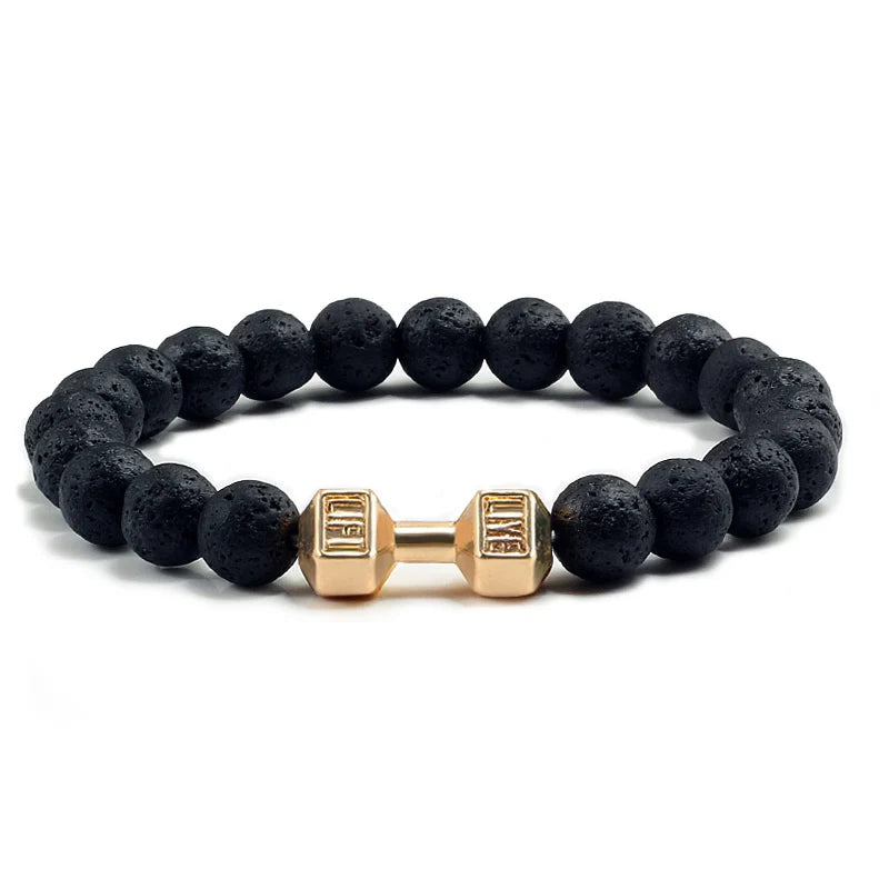 Pulseira de pedra vulcânica natural masculina, preto fosco, lavanda, contas brancas, pingente, haltere, cordão, pulseiras femininas, barra, fitness, joias