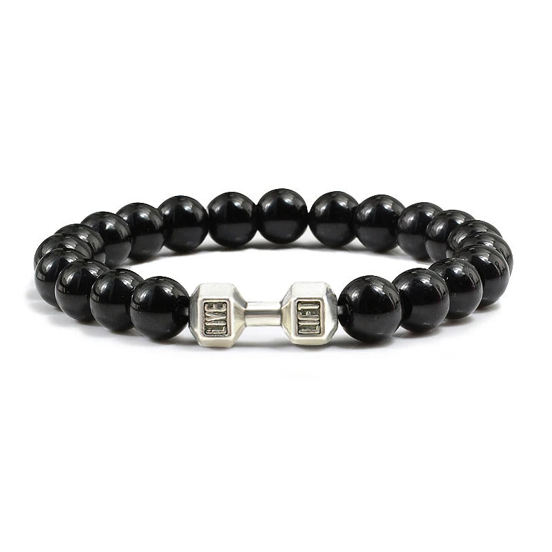 Pulseira de pedra vulcânica natural masculina, preto fosco, lavanda, contas brancas, pingente, haltere, cordão, pulseiras femininas, barra, fitness, joias