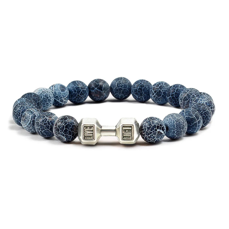 Pulseira de pedra vulcânica natural masculina, preto fosco, lavanda, contas brancas, pingente, haltere, cordão, pulseiras femininas, barra, fitness, joias