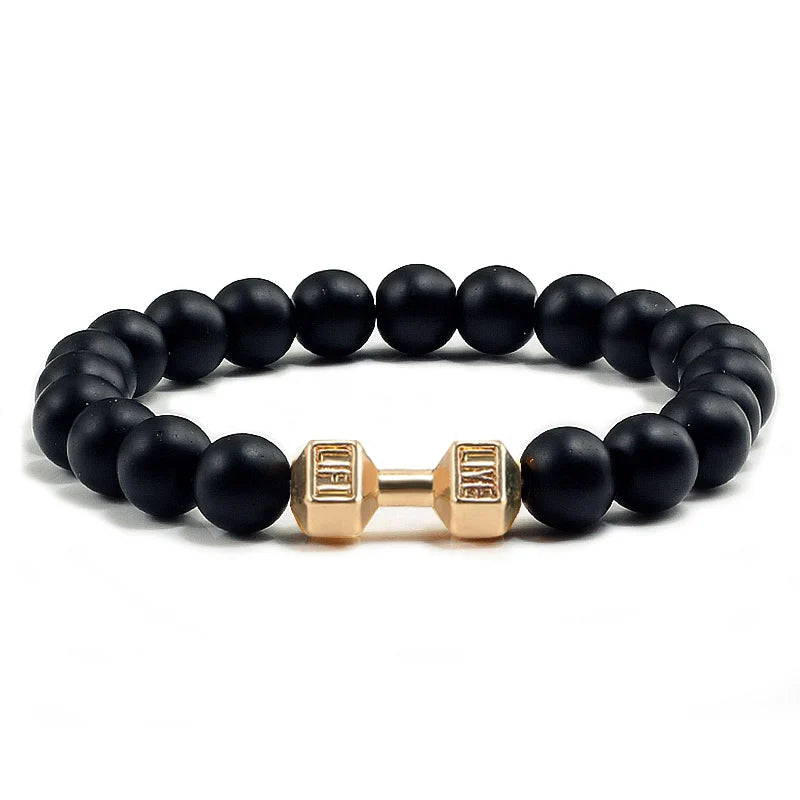 Pulseira de pedra vulcânica natural masculina, preto fosco, lavanda, contas brancas, pingente, haltere, cordão, pulseiras femininas, barra, fitness, joias