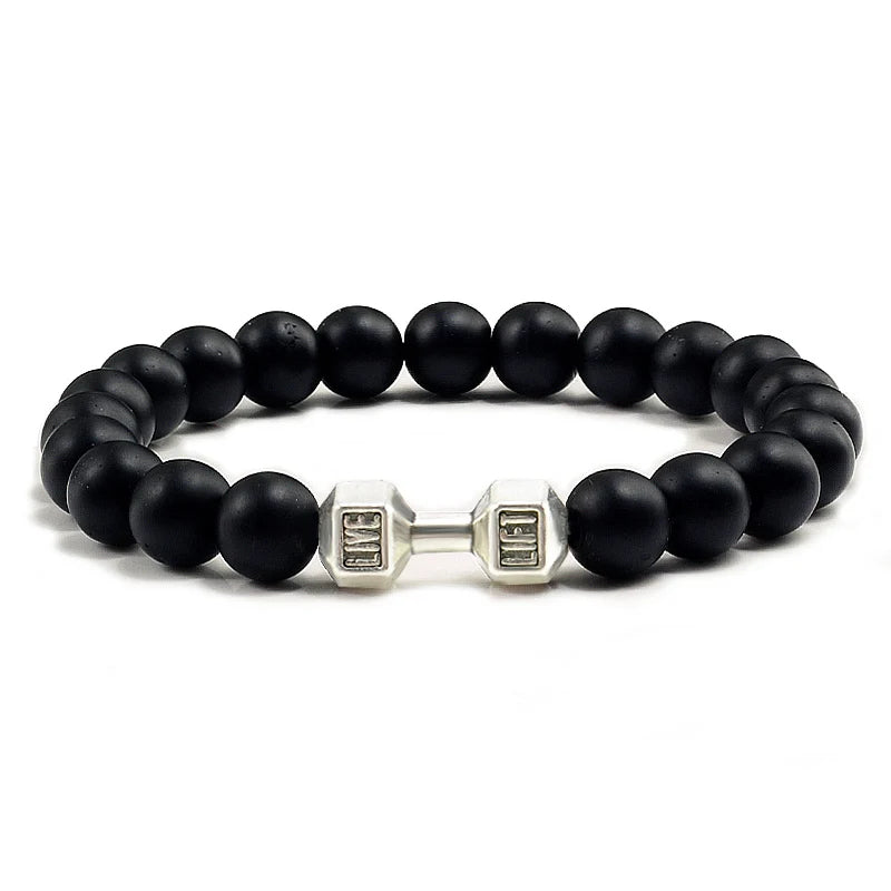 Pulseira de pedra vulcânica natural masculina, preto fosco, lavanda, contas brancas, pingente, haltere, cordão, pulseiras femininas, barra, fitness, joias