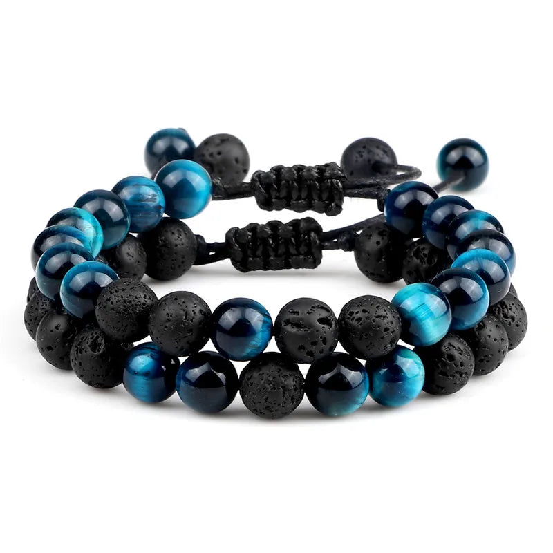 Pulseiras masculinas de 8 mm, pulseira de contas de lava preta, olho de tigre, corda trançada ajustável