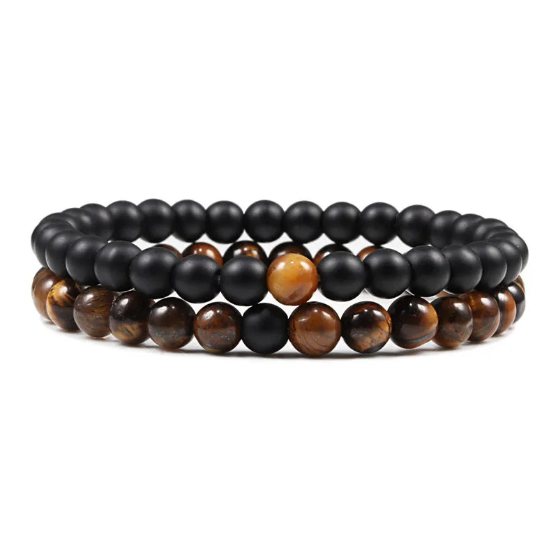 Conjunto Pulseira Casais Distância Preto Branco Pedra de Lava Natural Olho de Tigre Pulseiras de Yoga com Contas para Homens Mulheres Corda Elástica Jóias