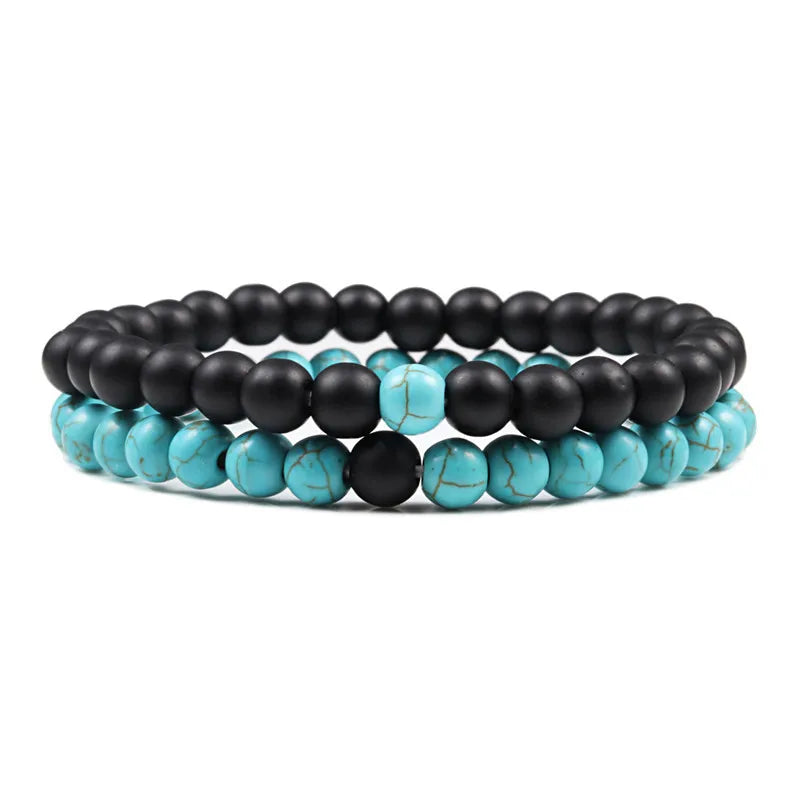 Conjunto Pulseira Casais Distância Preto Branco Pedra de Lava Natural Olho de Tigre Pulseiras de Yoga com Contas para Homens Mulheres Corda Elástica Jóias