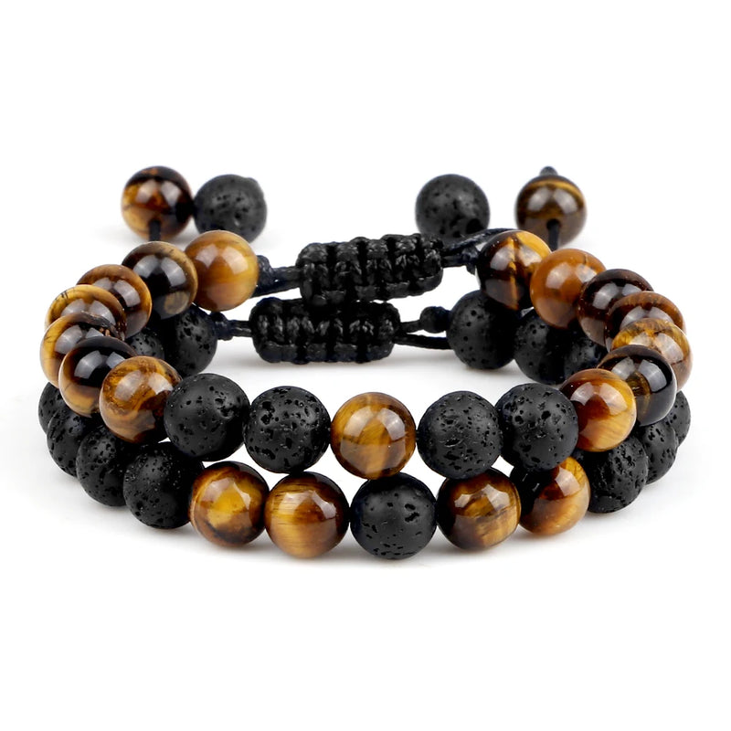 Pulseiras masculinas de 8 mm, pulseira de contas de lava preta, olho de tigre, corda trançada ajustável