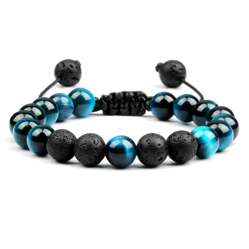 Pulseiras masculinas de 8 mm, pulseira de contas de lava preta, olho de tigre, corda trançada ajustável