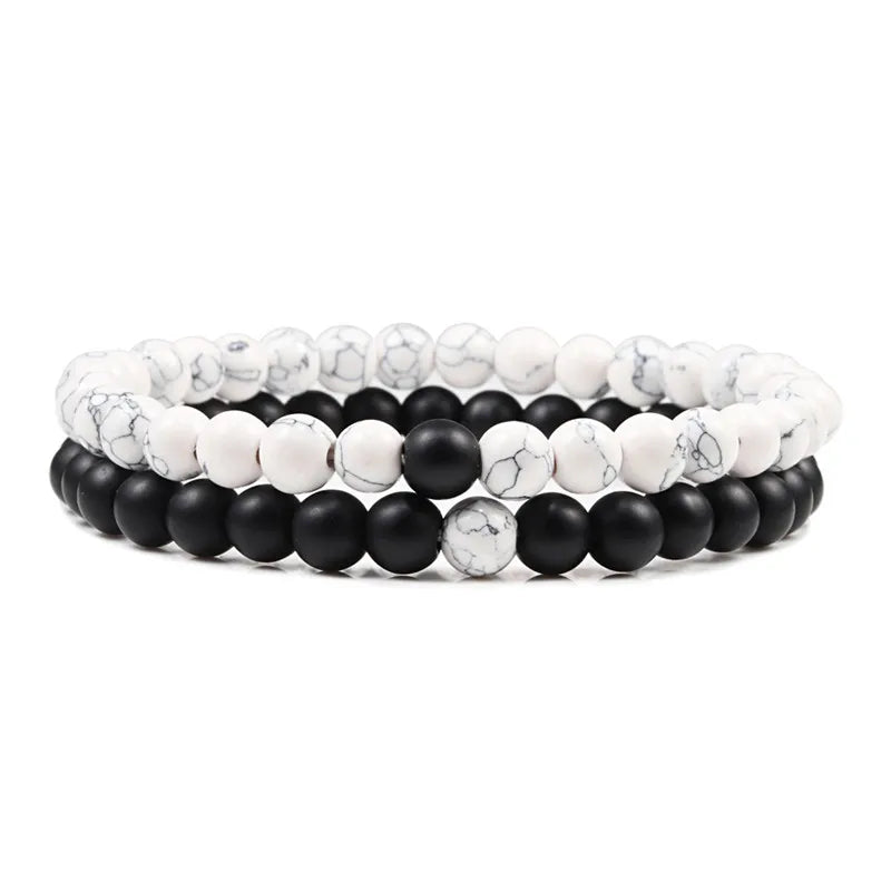 Conjunto Pulseira Casais Distância Preto Branco Pedra de Lava Natural Olho de Tigre Pulseiras de Yoga com Contas para Homens Mulheres Corda Elástica Jóias