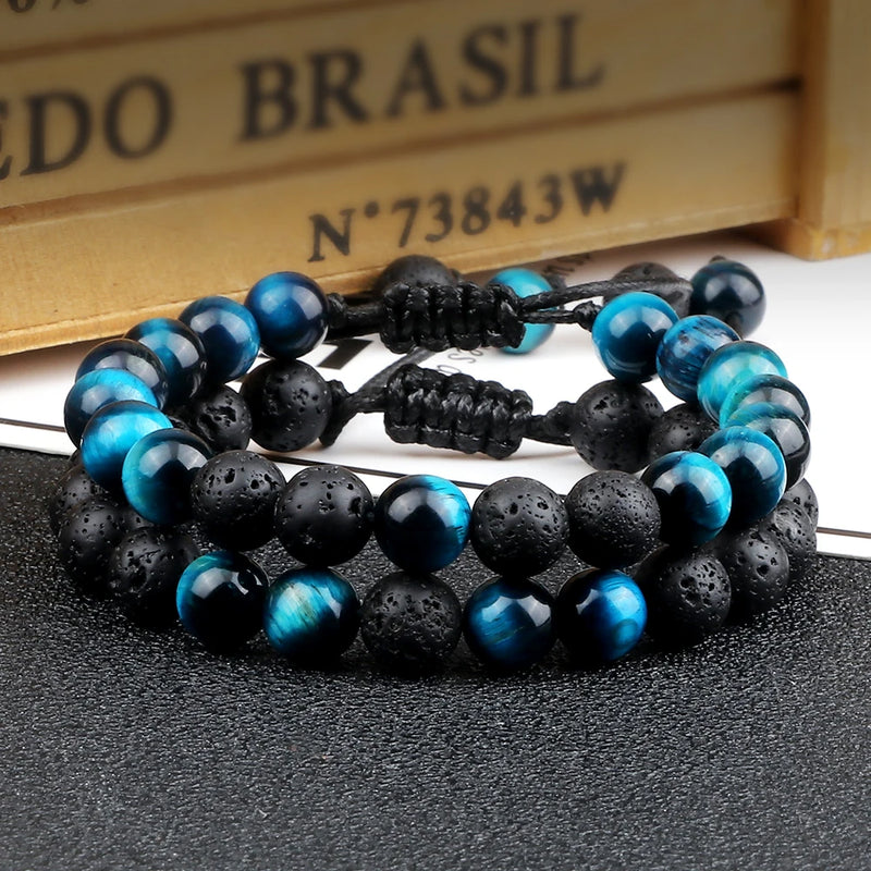 Pulseiras masculinas de 8 mm, pulseira de contas de lava preta, olho de tigre, corda trançada ajustável