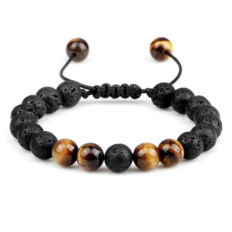 Pulseiras masculinas de 8 mm, pulseira de contas de lava preta, olho de tigre, corda trançada ajustável