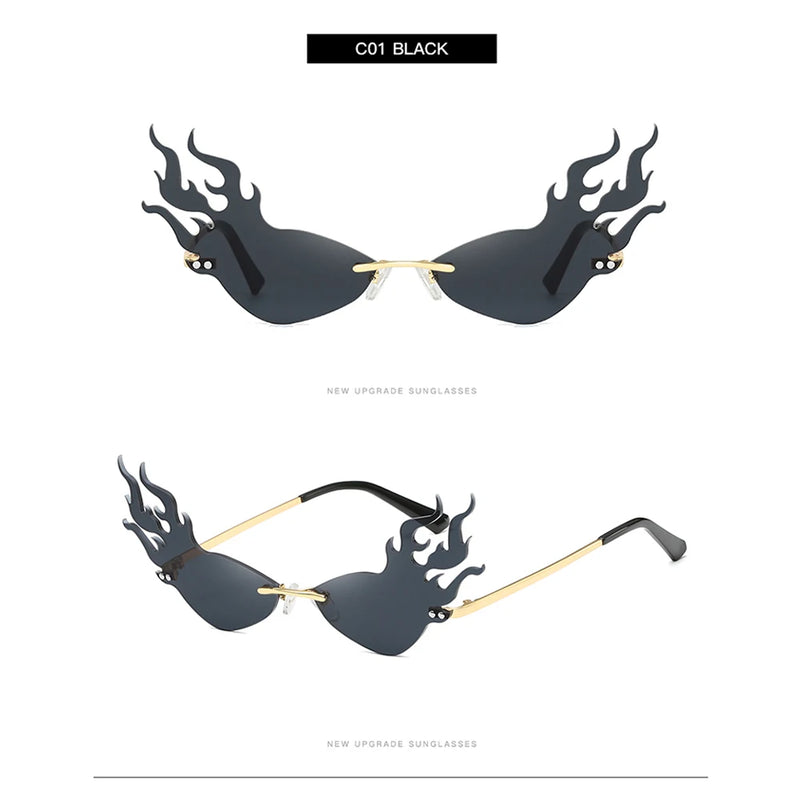 Moda Luxo Fogo Chama Óculos de Sol Mulheres Homens Cool Rimless Wave Óculos de Sol UV 400 Óculos Tendências