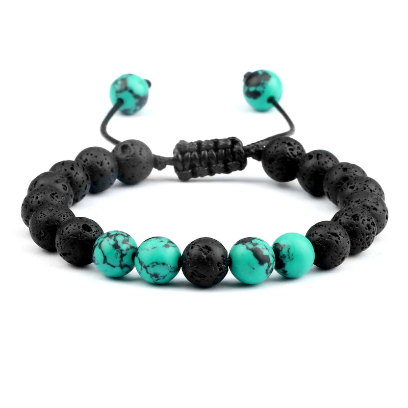 Pulseiras masculinas de 8 mm, pulseira de contas de lava preta, olho de tigre, corda trançada ajustável