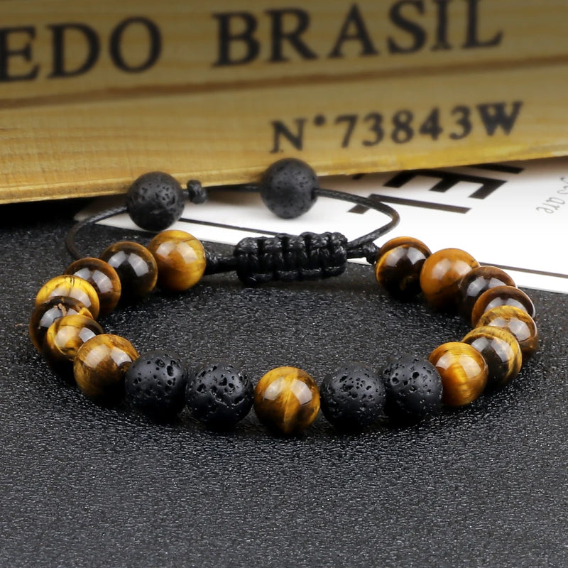 Pulseiras masculinas de 8 mm, pulseira de contas de lava preta, olho de tigre, corda trançada ajustável