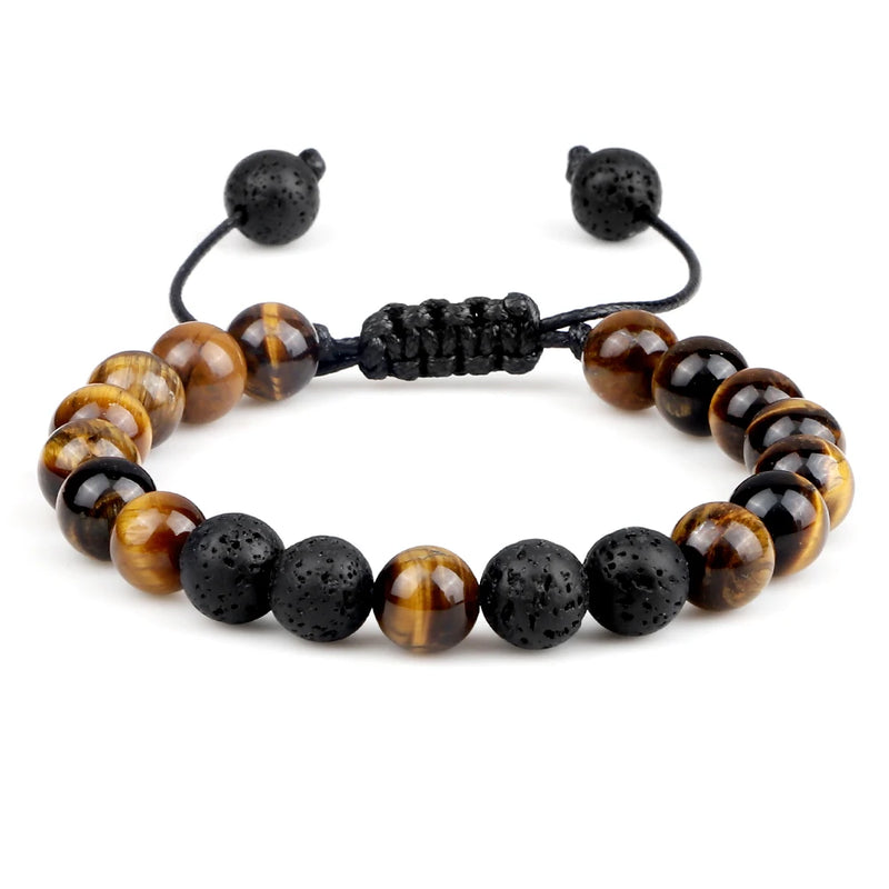 Pulseiras masculinas de 8 mm, pulseira de contas de lava preta, olho de tigre, corda trançada ajustável