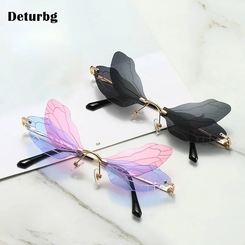 Moda Dragonfly Wings Rimless Óculos de Sol Catwalk Feminino Luxo Engraçado Óculos de Sol Tons Para Mulheres UV400