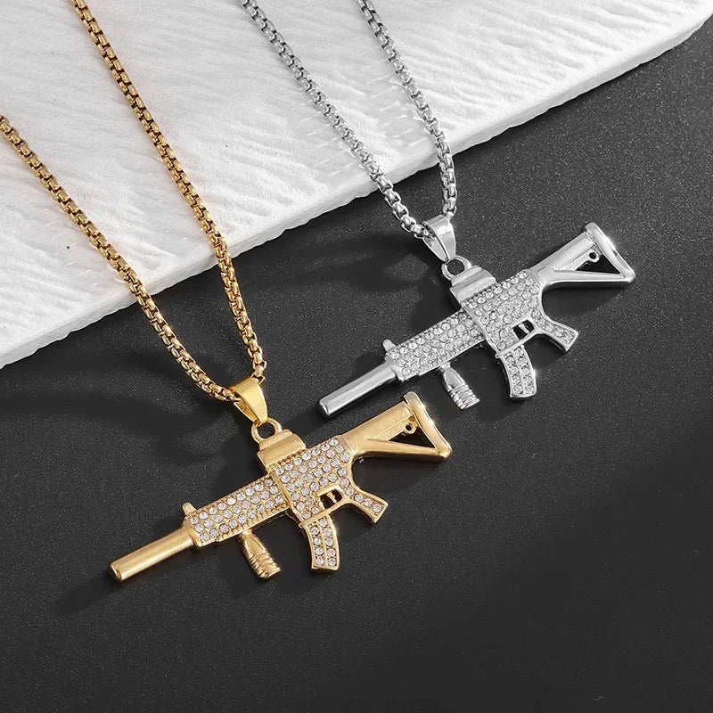 Punk M416 Assault Rifle Incrustado Zircon Pingente Colar para Homens Hip Hop Rock Tendência Legal Jóias