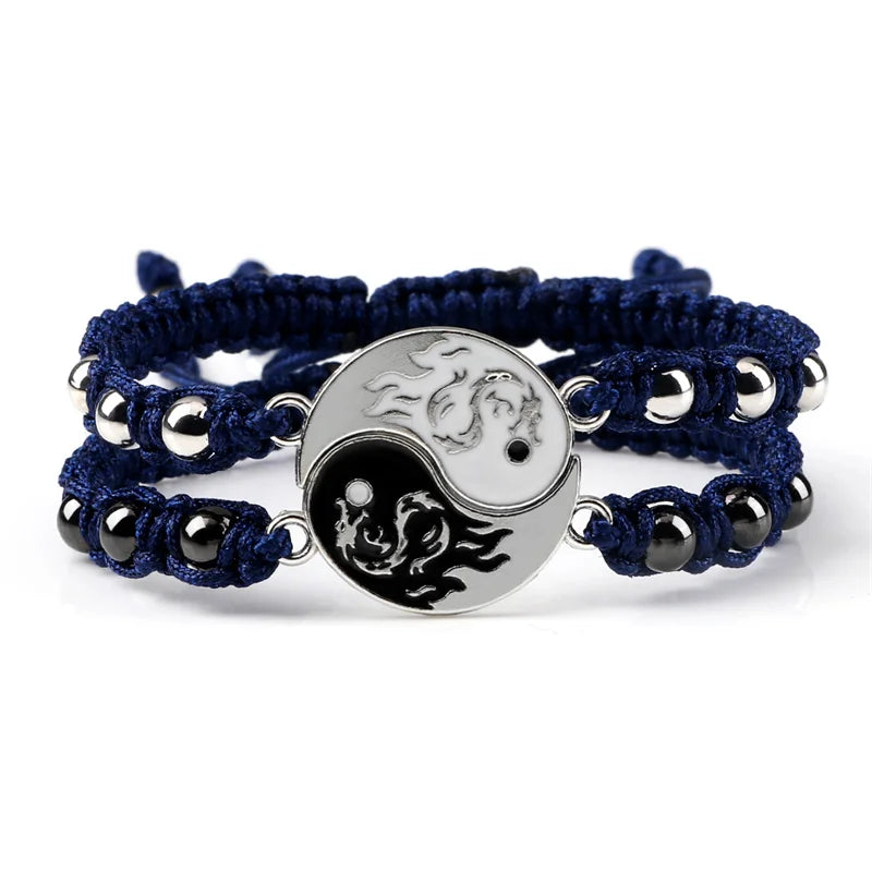 2Pcs/set Dragão Tai Chi Gossip Pulseira Trançada para Mulheres Homens Melhores Amigos Pulseiras Yin Yang Ajustáveis Moda Casal Jóias