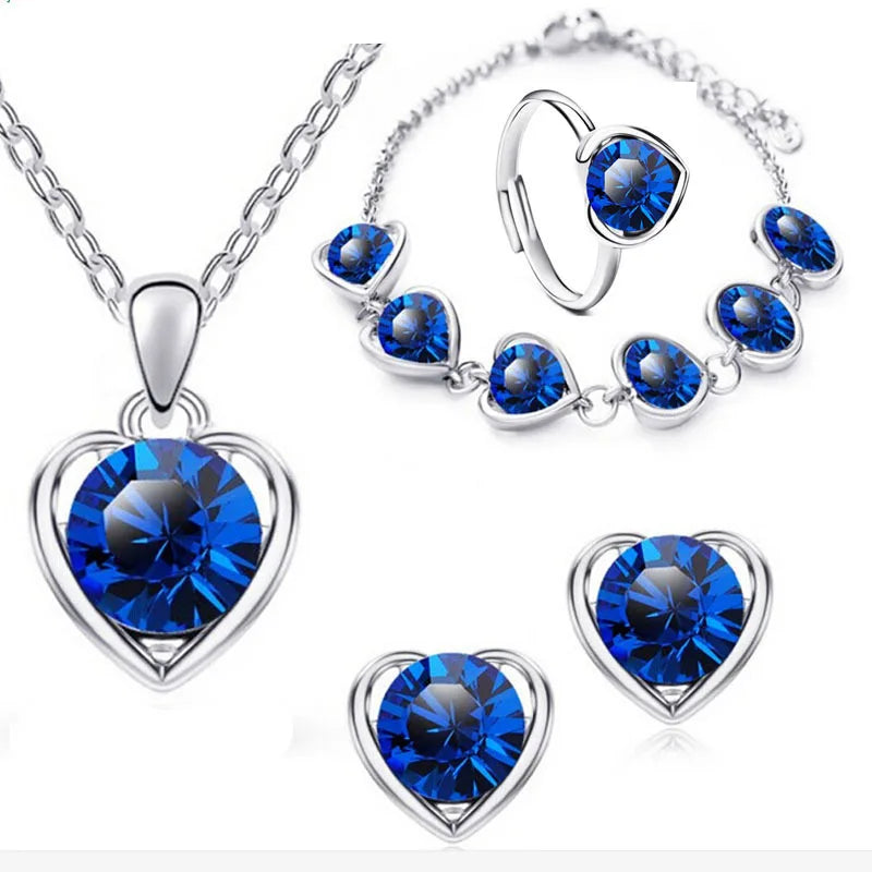 Conjunto de brincos e colar de anel de cristal azul Conjuntos de joias de casamento