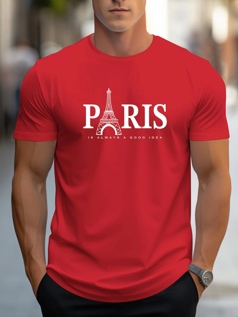 Camiseta Masculina Casual de Verão com Estampa de Paris – Estilo Streetwear Oversized