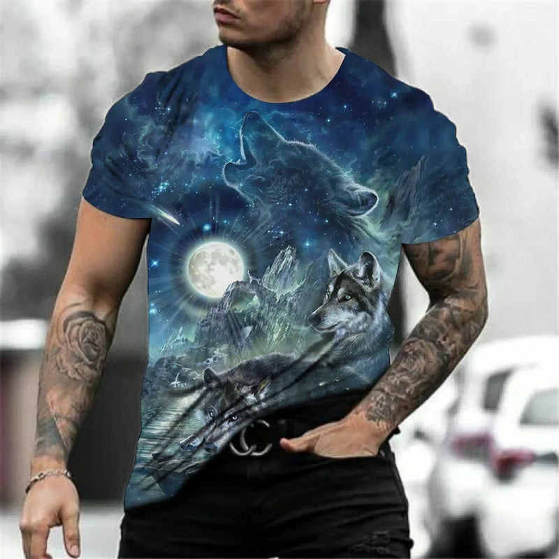 Camiseta Masculina com Estampa de Lobo 3D – Estilo Casual Oversized