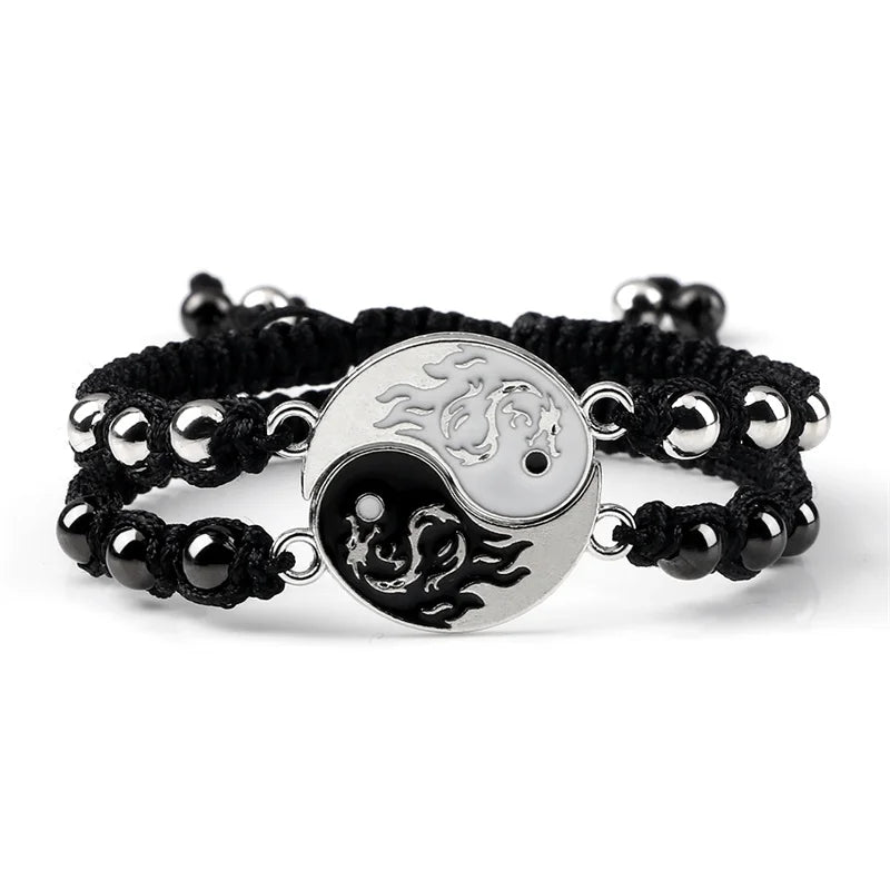 2Pcs/set Dragão Tai Chi Gossip Pulseira Trançada para Mulheres Homens Melhores Amigos Pulseiras Yin Yang Ajustáveis Moda Casal Jóias