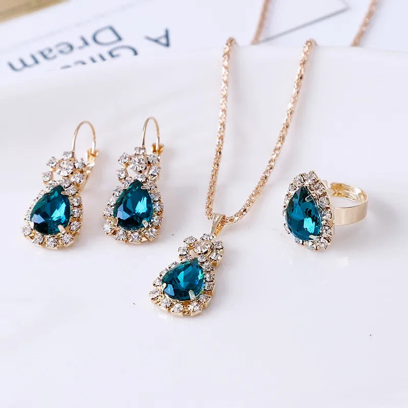 Conjunto de brincos e colar de anel de cristal azul Conjuntos de joias de casamento