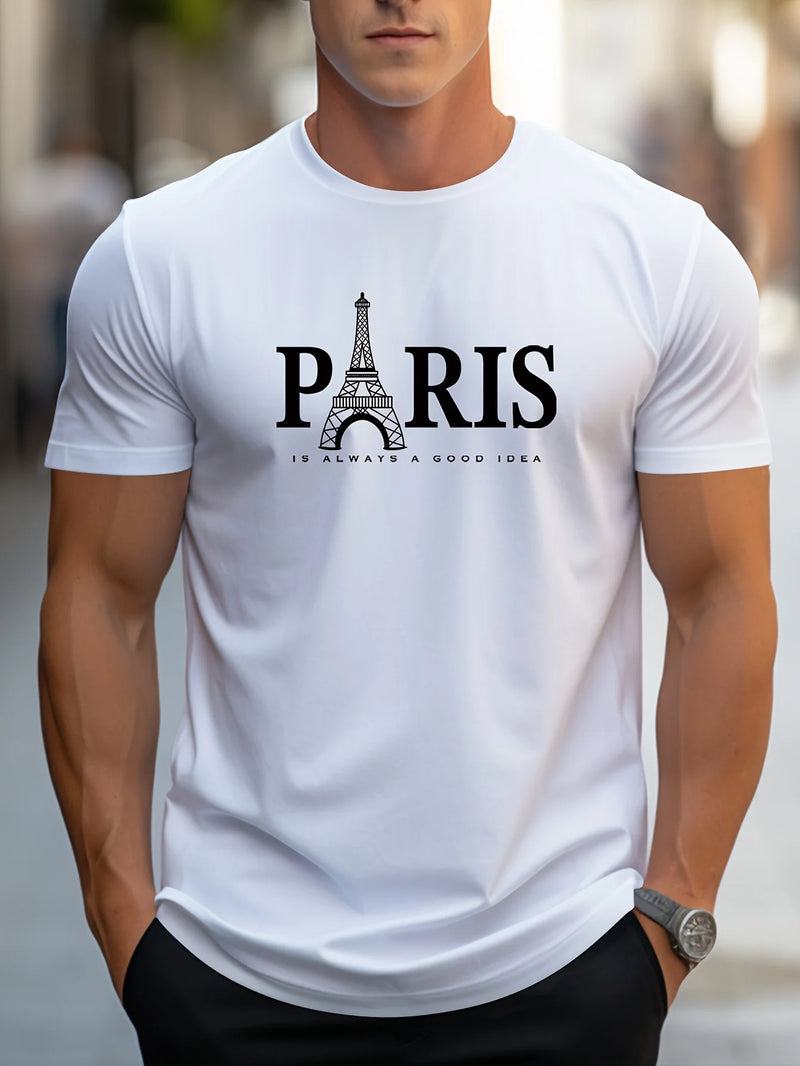 Camiseta Masculina Casual de Verão com Estampa de Paris – Estilo Streetwear Oversized