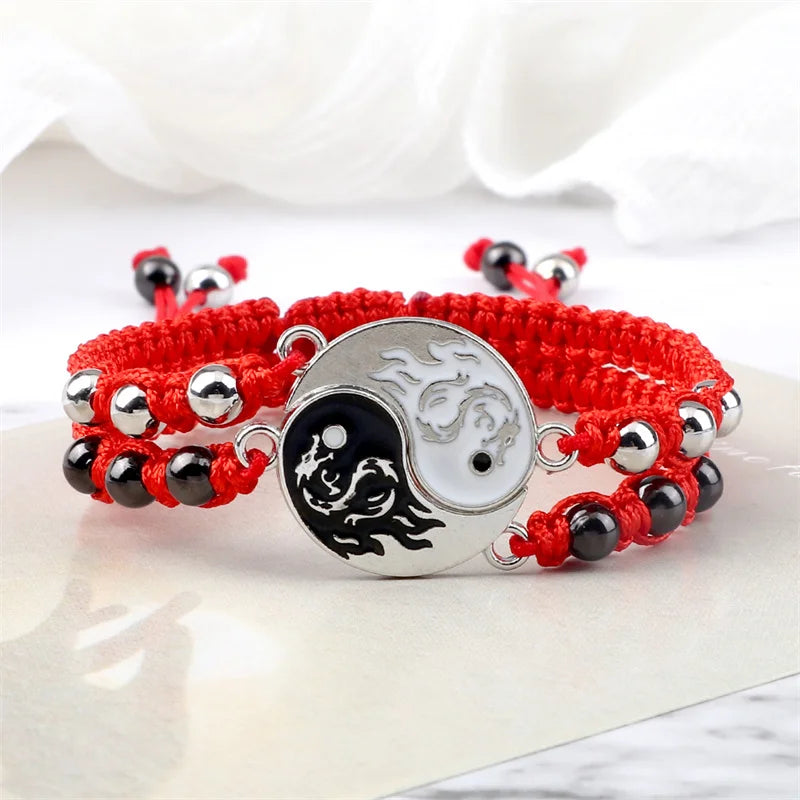 2Pcs/set Dragão Tai Chi Gossip Pulseira Trançada para Mulheres Homens Melhores Amigos Pulseiras Yin Yang Ajustáveis Moda Casal Jóias