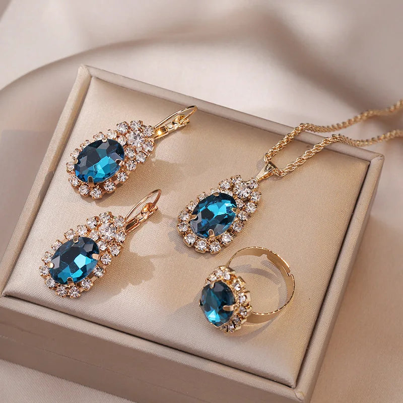 Conjunto de brincos e colar de anel de cristal azul Conjuntos de joias de casamento