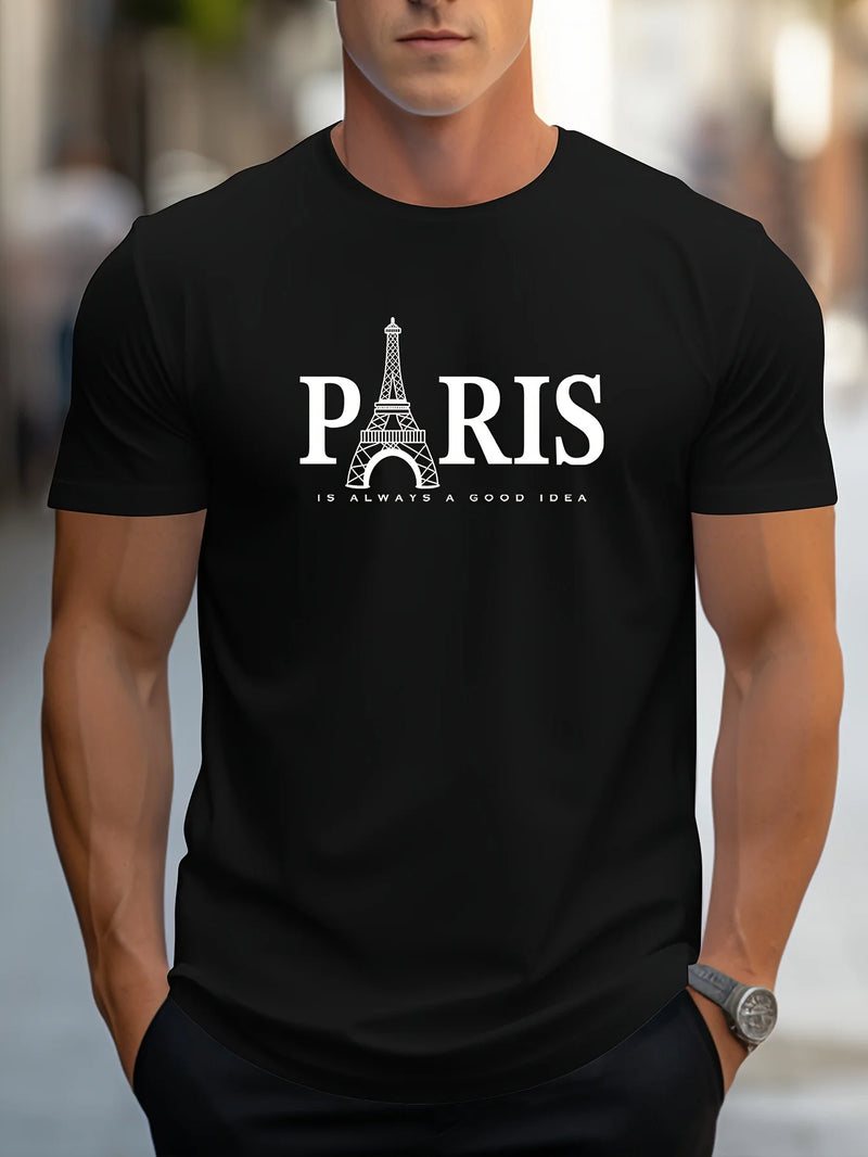 Camiseta Masculina Casual de Verão com Estampa de Paris – Estilo Streetwear Oversized