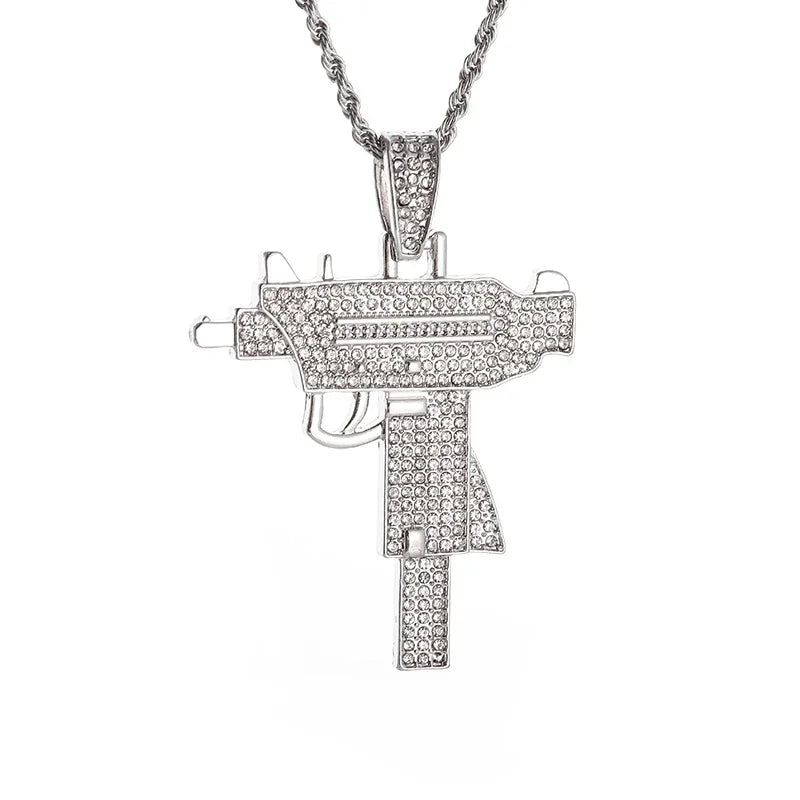 Punk M416 Assault Rifle Incrustado Zircon Pingente Colar para Homens Hip Hop Rock Tendência Legal Jóias