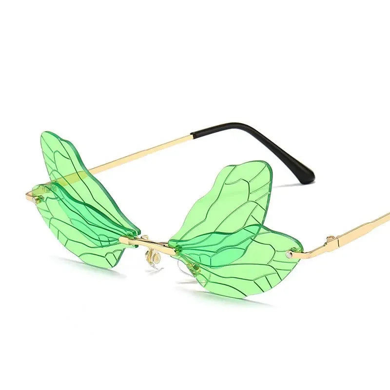 Moda Dragonfly Wings Rimless Óculos de Sol Catwalk Feminino Luxo Engraçado Óculos de Sol Tons Para Mulheres UV400