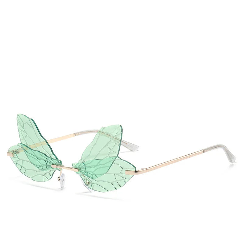 Moda Dragonfly Wings Rimless Óculos de Sol Catwalk Feminino Luxo Engraçado Óculos de Sol Tons Para Mulheres UV400