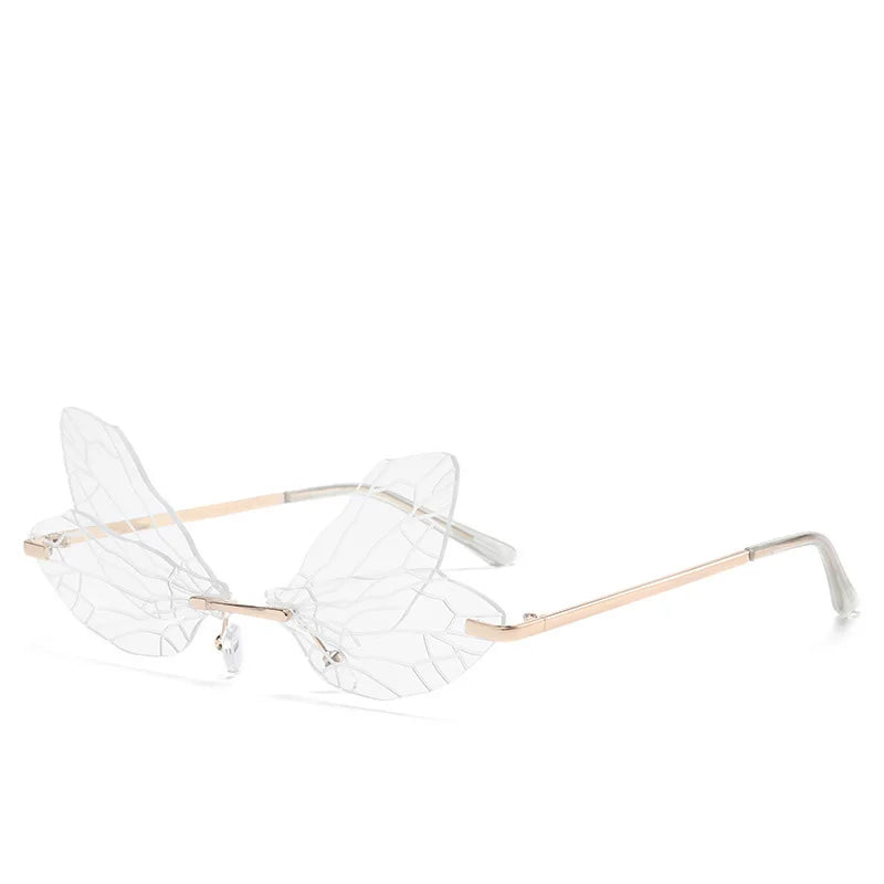 Moda Dragonfly Wings Rimless Óculos de Sol Catwalk Feminino Luxo Engraçado Óculos de Sol Tons Para Mulheres UV400