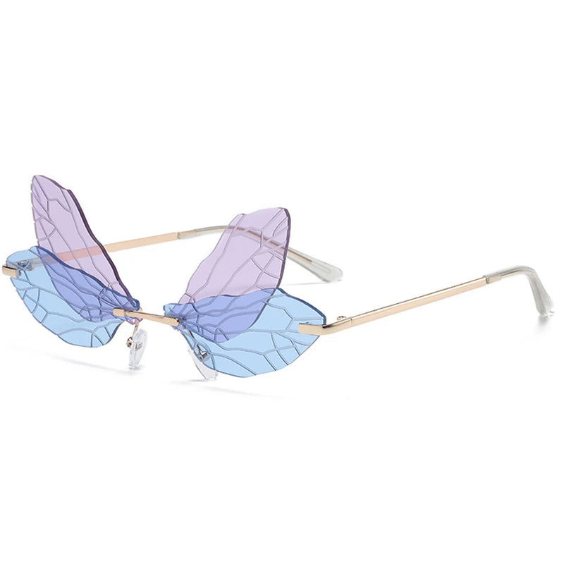 Moda Dragonfly Wings Rimless Óculos de Sol Catwalk Feminino Luxo Engraçado Óculos de Sol Tons Para Mulheres UV400