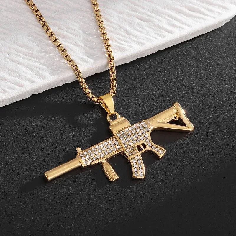 Punk M416 Assault Rifle Incrustado Zircon Pingente Colar para Homens Hip Hop Rock Tendência Legal Jóias