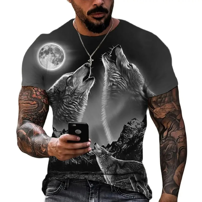 Camiseta Masculina com Estampa de Lobo 3D – Estilo Casual Oversized