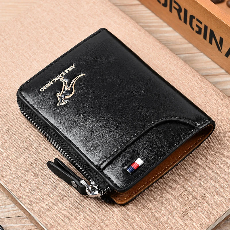 Carteira masculina de couro com porta-cartões de visita, bolsa com zíper, carteiras de luxo para homens, proteção